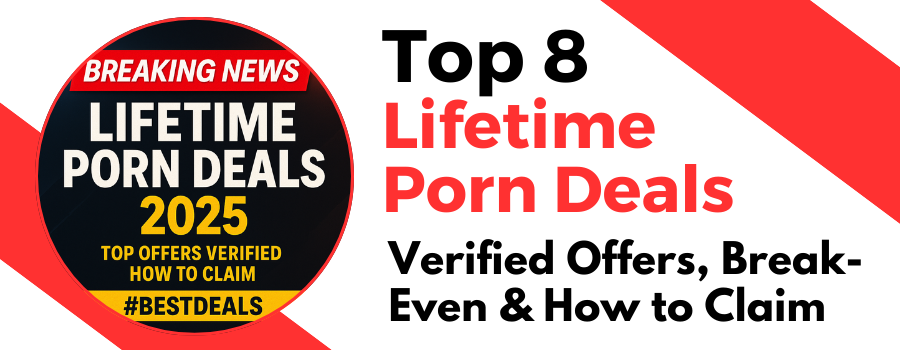 Breaking-news style badge and headline reading “Top 8 Lifetime Porn Deals 2025 — Verified Offers, Break-Even & How to Claim”.