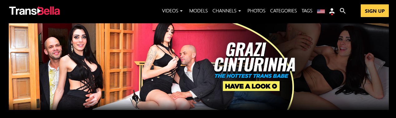 Best Trans Porn Trials - Grazi Cinturinha poses with co-stars on TransBella homepage, showcasing hottest Brazilian trans babe banner.