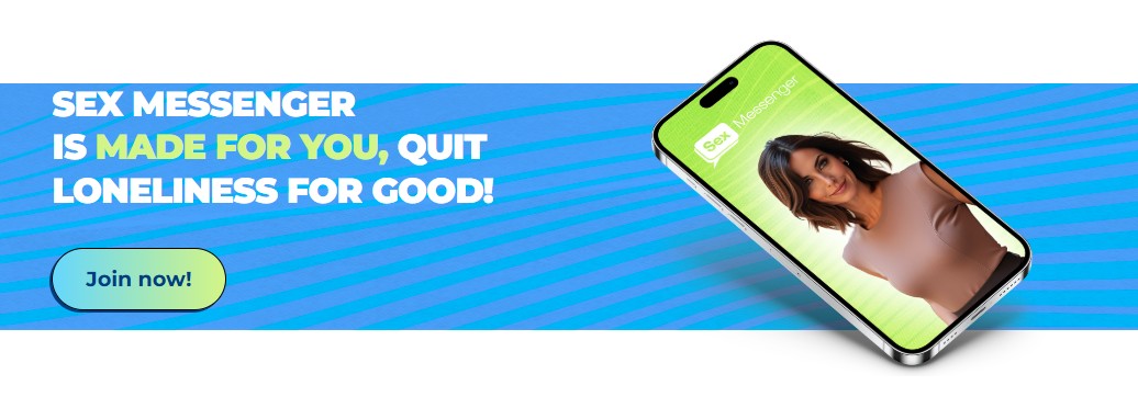 SexMessenger homepage showing a phone with chat bubbles and a sign-up prompt