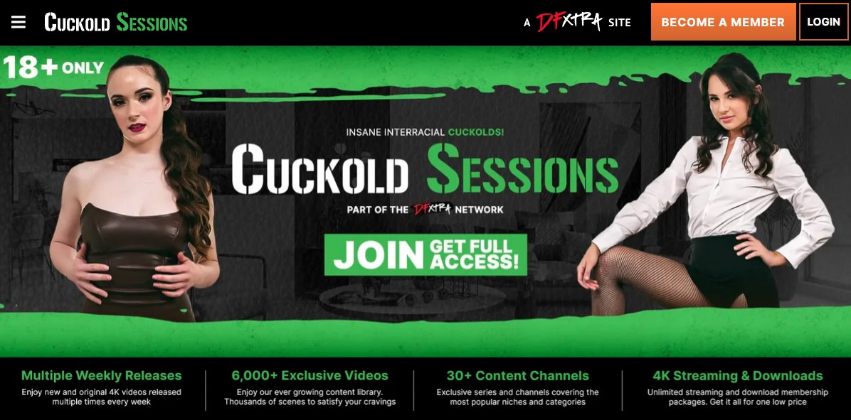 Cuckold Sessions homepage banner promoting hardcore cuckold porn network with full access.