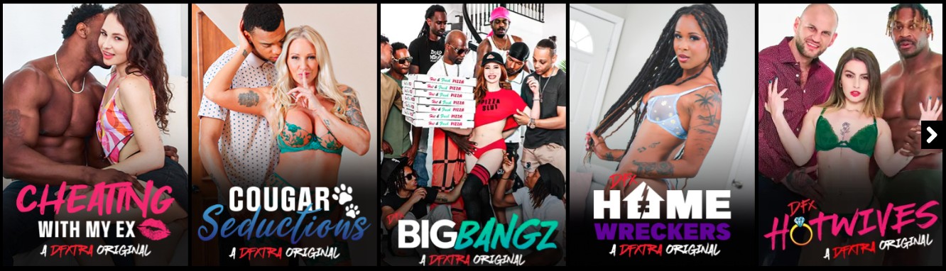 DFXtra category tiles showing interracial series like Cheating With My Ex, Cougar Seductions, Big Bangz, Home Wreckers, and Hotwives.