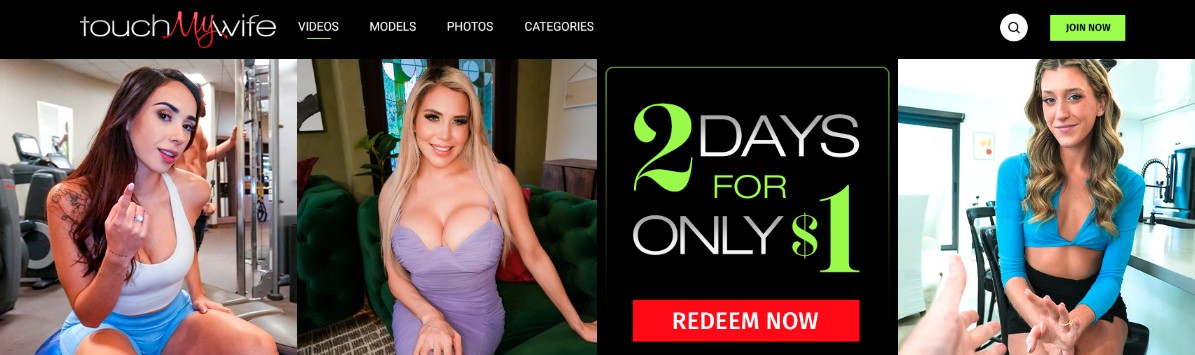 Touch My Wife homepage showing 2 days for one dollar trial on a cuckold Hotwife porn site.