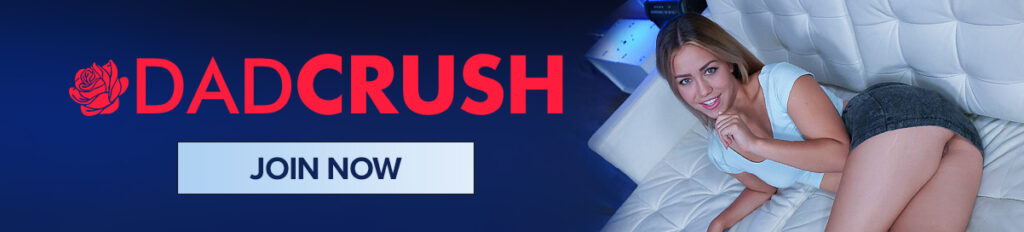 Dad Crush $1 trial join now banner showing DadCrush logo and Join Now button with adult model on bed.