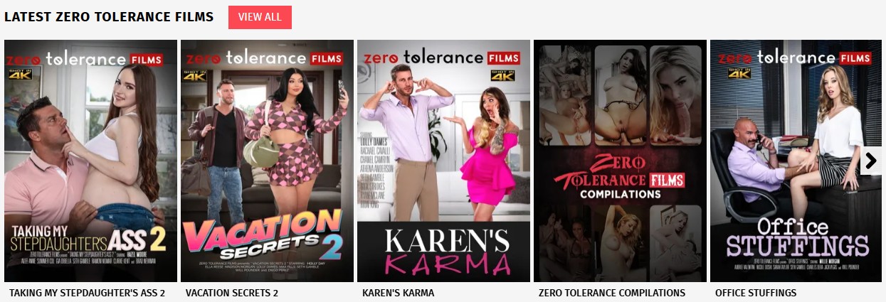 Latest Zero Tolerance Films carousel screenshot showing 4K-labelled titles in the Diabolic archive.