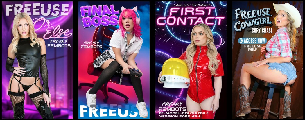 Collage of FreeUse roleplay scene cover posters with “Access Now” buttons, showing different themed episode artwork featured in the Freeuse $1 trial review.