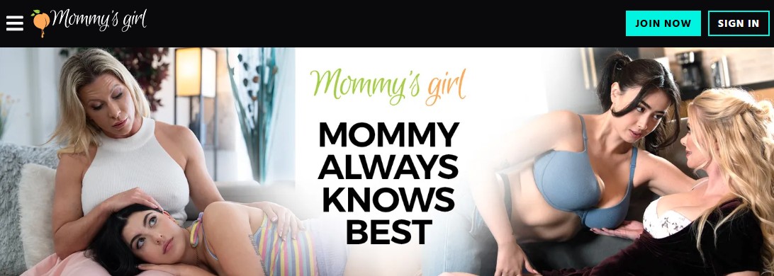Mommy’s Girl banner for lesbian porn trials, highlighting story-driven scenes, chemistry, and a short trial offer.