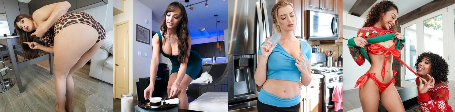 Four-panel collage previewing PervMom roleplay scenes in home settings, illustrating the site’s mom-themed scenario style.