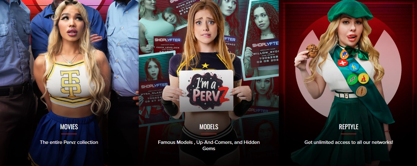 Pervz site sections showing Movies, Models and Reptyle all-access option