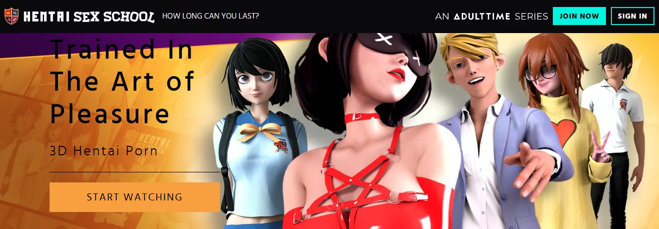 Hentai Sex School 3D hentai series banner with “Start Watching” button (best hentai streaming sites 2026)