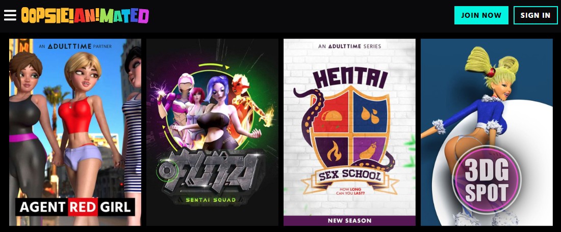 Oopsie Animated homepage showing 3D animated adult titles and join/sign-in buttons (hentai streaming 2026)