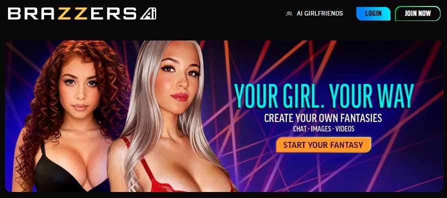 Brazzers AI homepage with the slogan Your Girl Your Way and Chat, Images, Videos features