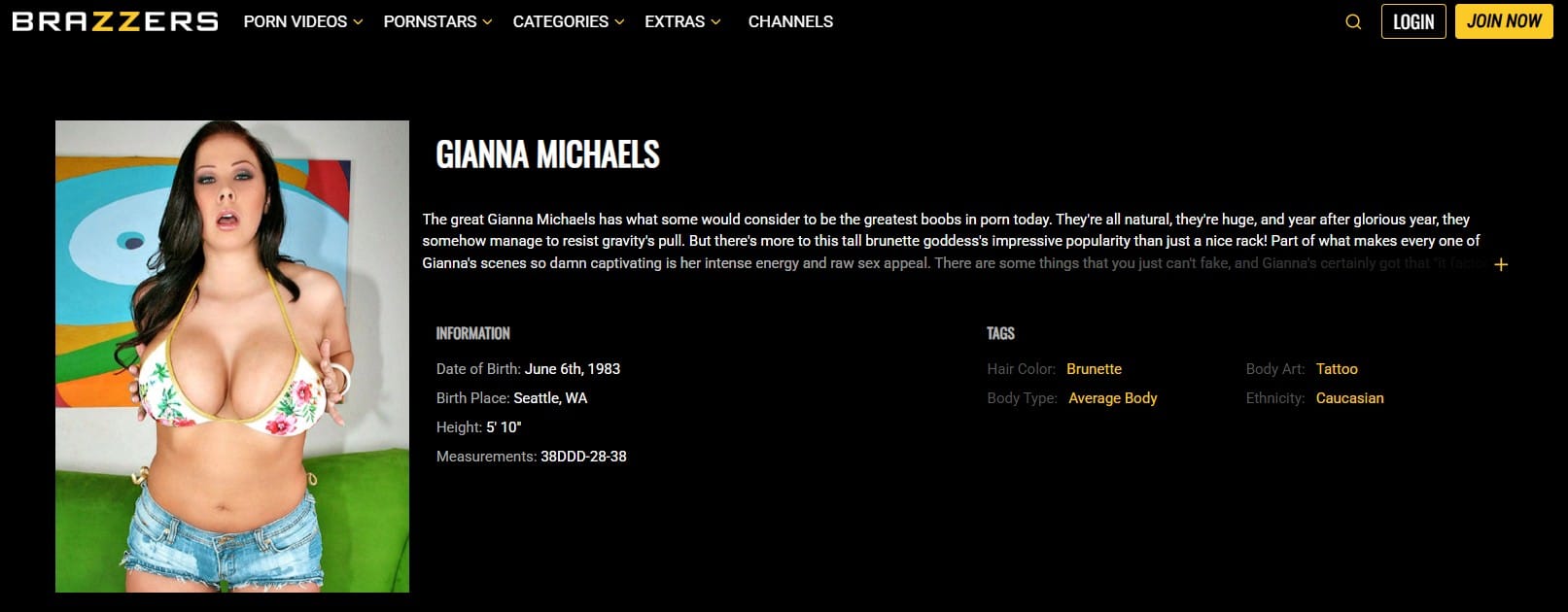 Screenshot of Gianna Michaels’ performer profile on Brazzers, showing her biography, information, and site navigation.