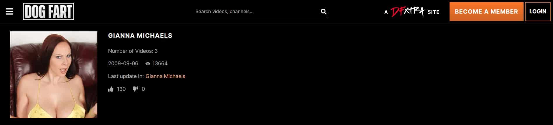 Screenshot of Gianna Michaels’ performer profile on Dogfart Network, showing her name, profile image, video count, and update details.
