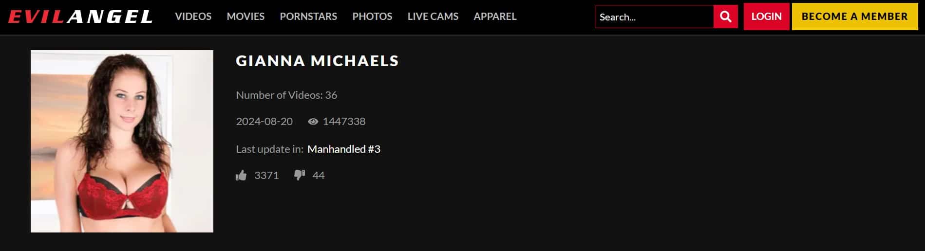 Screenshot of Gianna Michaels’ Evil Angel performer profile showing her name, profile image, video count, and latest update details.
