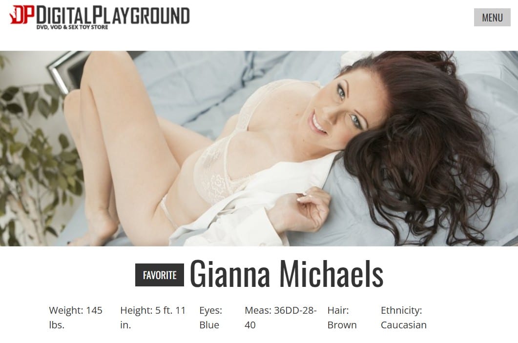 Screenshot of Gianna Michaels’ Digital Playground performer profile, showing her name, profile image, and performer details.
