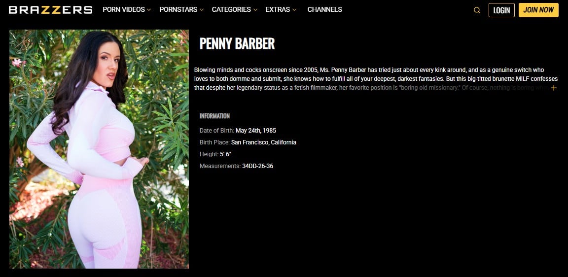Brazzers profile page for Penny Barber showing performer bio and statistics - active since 2005 performing MILF fantasy and roleplay scenes
