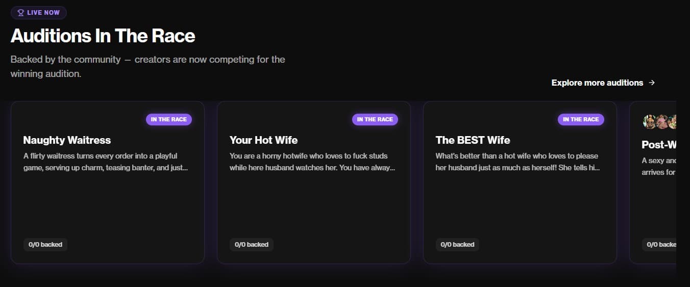 Naughty America Producer Auditions In The Race section showing live audition competition including Naughty Waitress, Your Hot Wife, and The BEST Wife pitches with 0/0 backed status