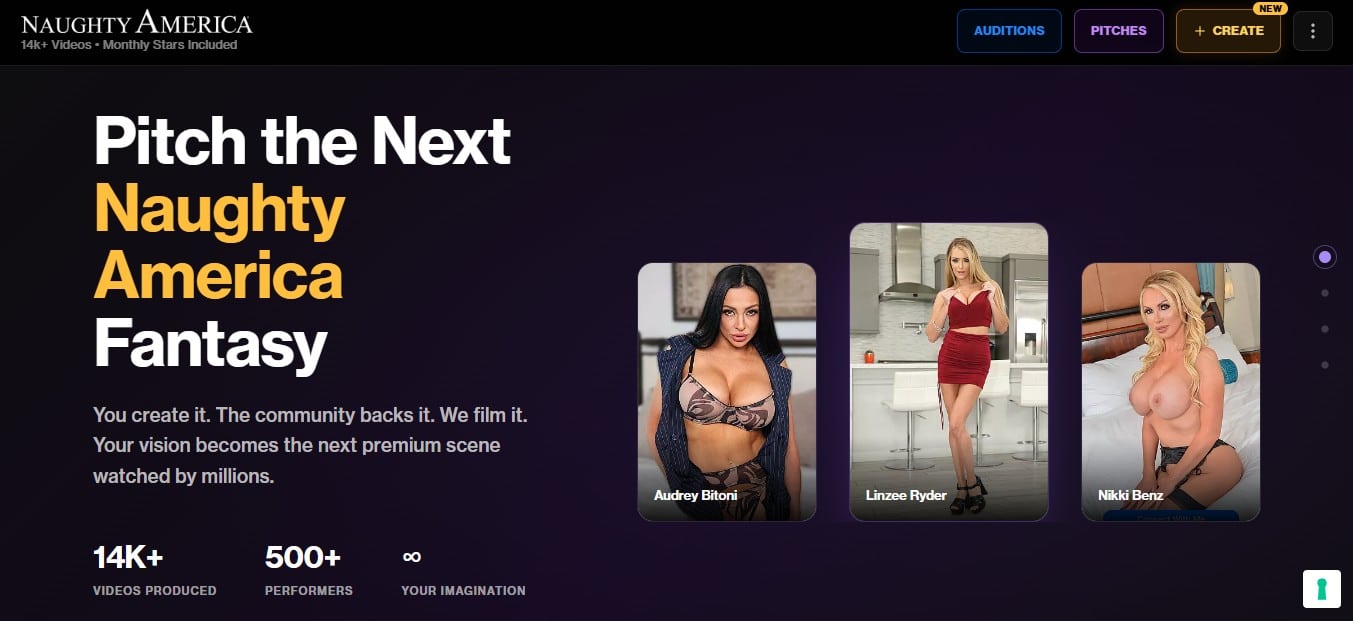 Naughty America Producer free trial landing page showing Pitch the Next Naughty America Fantasy tagline with 14K+ videos produced, 500+ performers, and featured models Audrey Bitoni, Linzee Ryder, and Nikki Benz