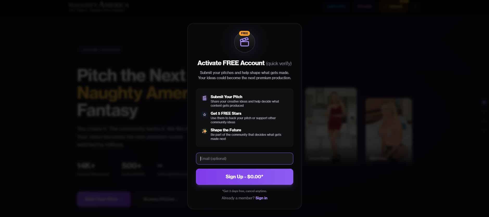 Naughty America Producer free trial signup showing Activate FREE Account with benefits including submit your pitch, get 5 free stars to vote, shape the future of content, and Sign Up for $0.00 with 3 days free cancel anytime