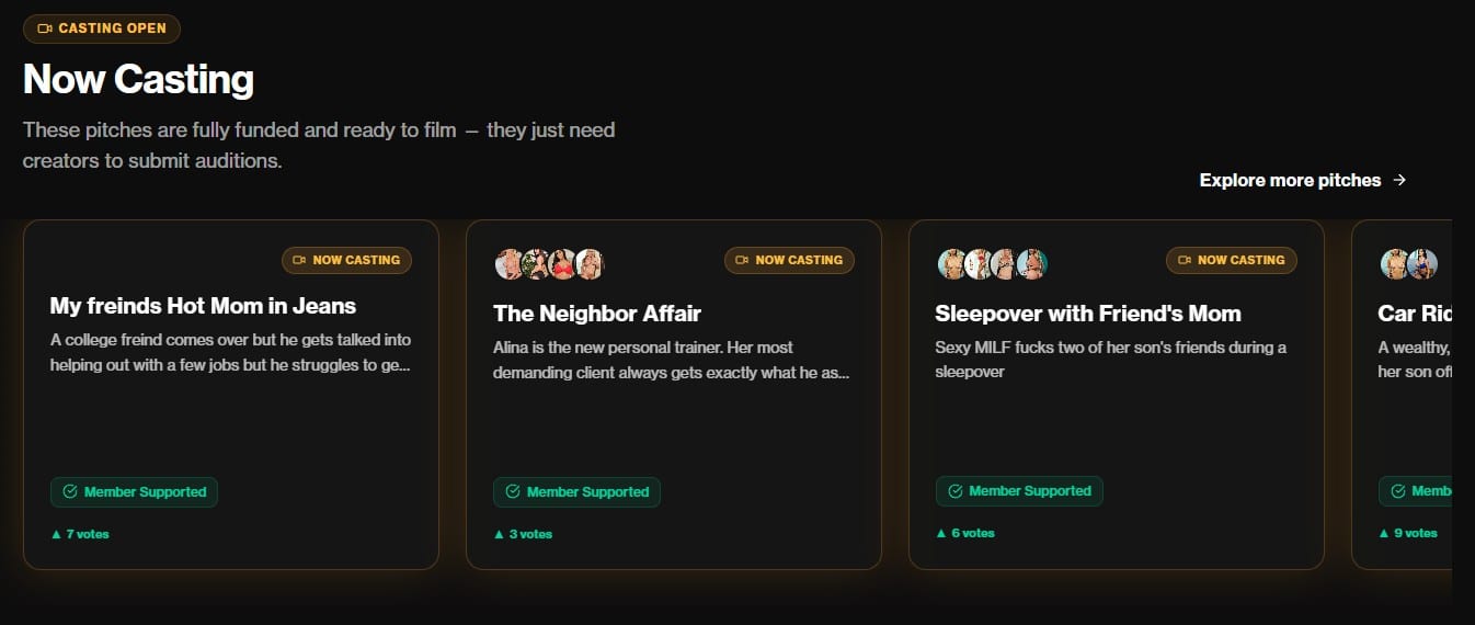 Naughty America Producer Now Casting feed showing member-supported scene pitches with vote counts including My Friends Hot Mom in Jeans with 7 votes, The Neighbor Affair with 3 votes, and Sleepover with Friends Mom with 6 votes