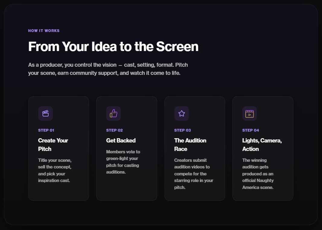 Naughty America Producer 4-step pitch process showing Step 1 Create Your Pitch, Step 2 Get Backed with member votes, Step 3 The Audition Race, and Step 4 Lights Camera Action with winning audition produced as official scene