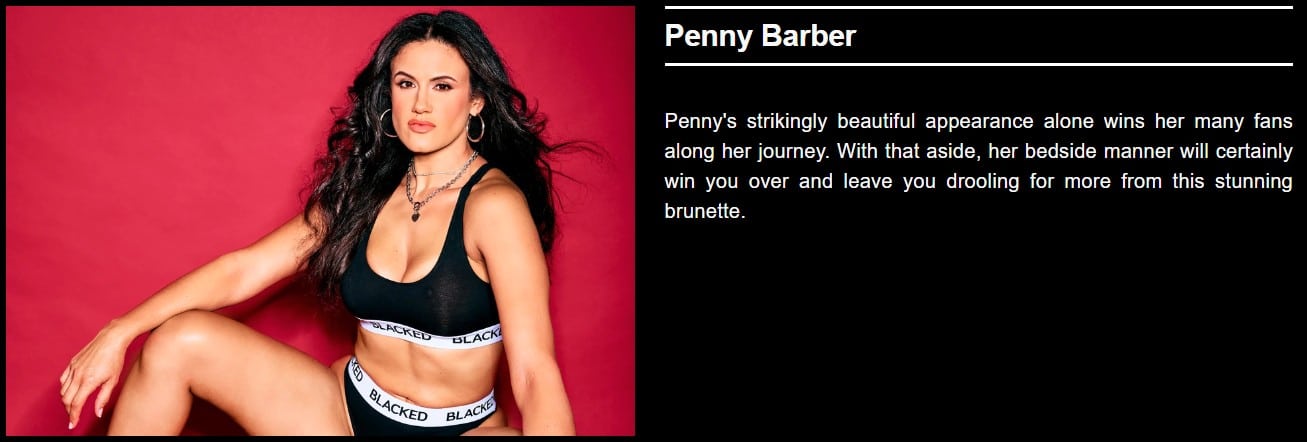 Penny Barber on BLACKED wearing black sports bra against red background - premium interracial adult site profile photo