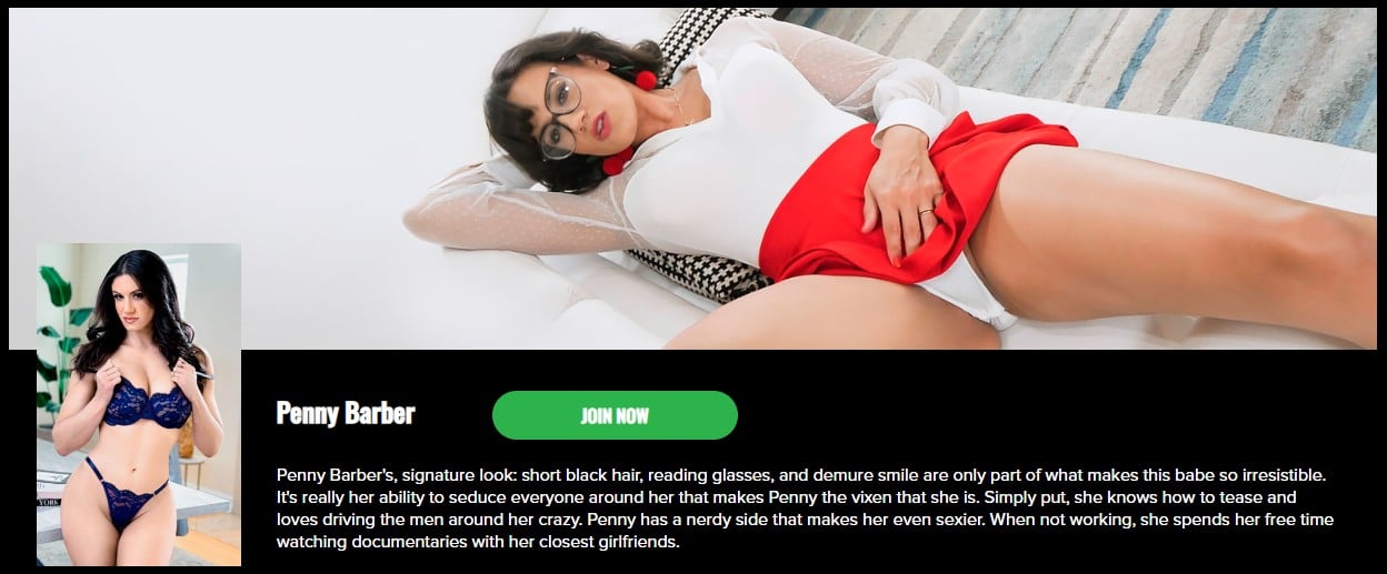 Penny Barber TeamSkeet profile page wearing glasses and red outfit - multi-brand adult network featuring MYLF Singles, Family Strokes, and Mom vs GF series